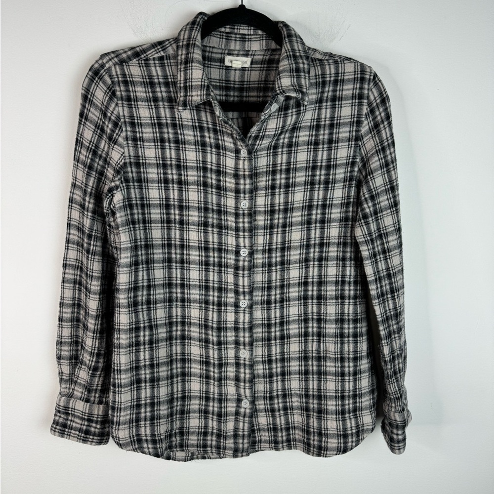 Garnet Hill Organic Cotton Plaid Button down shirt Small black grey